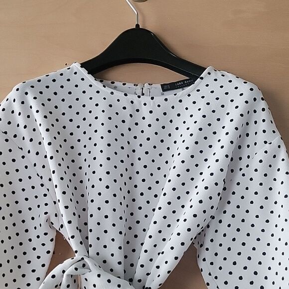 NWT Zara XS Wrap Tie Polka Dot Blk White Blouse Coquette Bow Modest Feminine Top - Picture 6 of 15